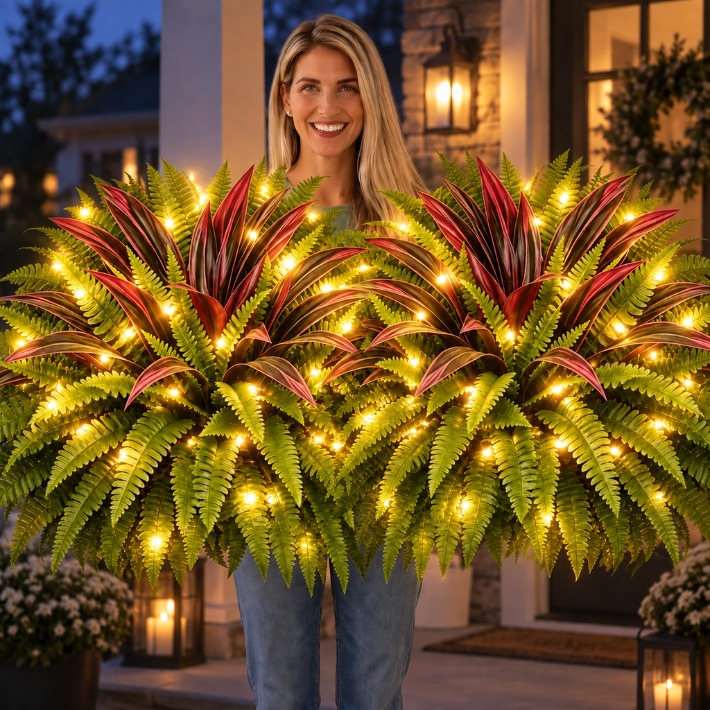 🔥Lighted Artificial Fern and Red Dracaena Decorative Plant– 🌿 Zero Watering, Zero Maintenance
