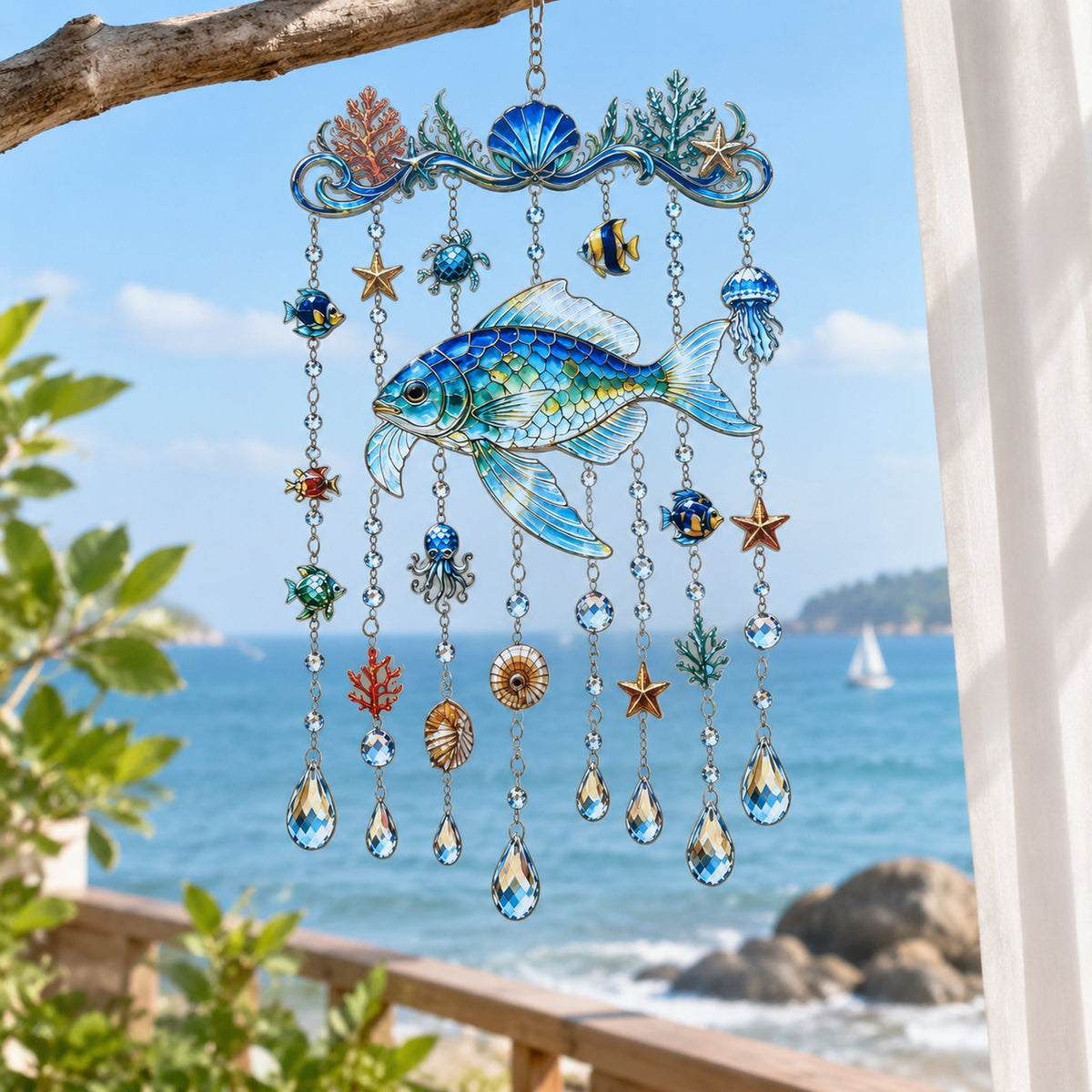 🔥🐋🐢🐬Ocean-Themed Crystal Wind Chime – 🌊Bring the Ocean Glow to Your Garden