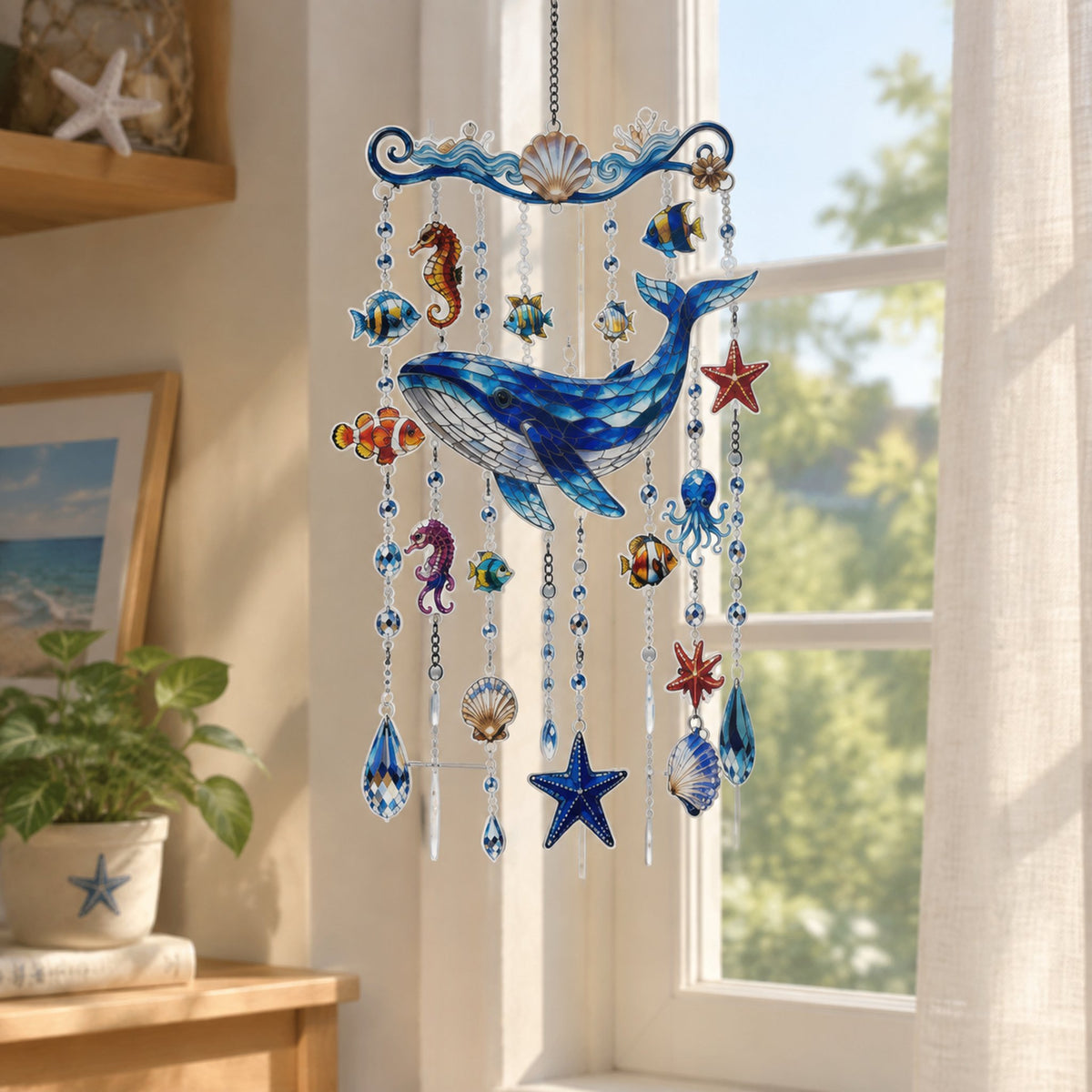🔥🐋🐢🐬Ocean-Themed Crystal Wind Chime – 🌊Bring the Ocean Glow to Your Garden