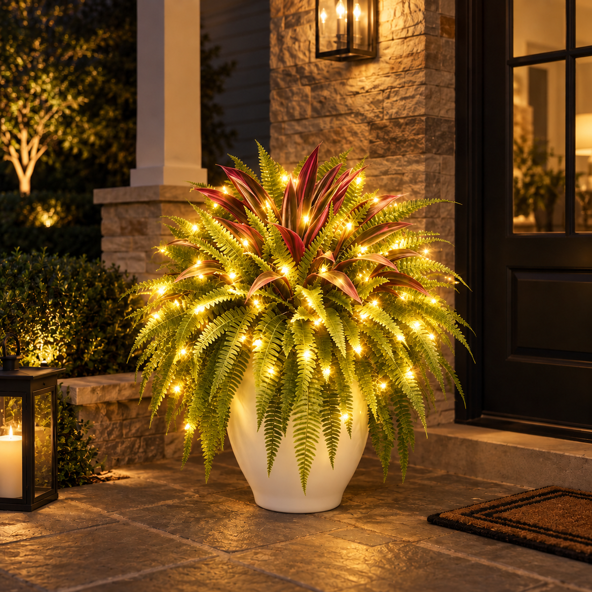 🔥Lighted Artificial Fern and Red Dracaena Decorative Plant– 🌿 Zero Watering, Zero Maintenance